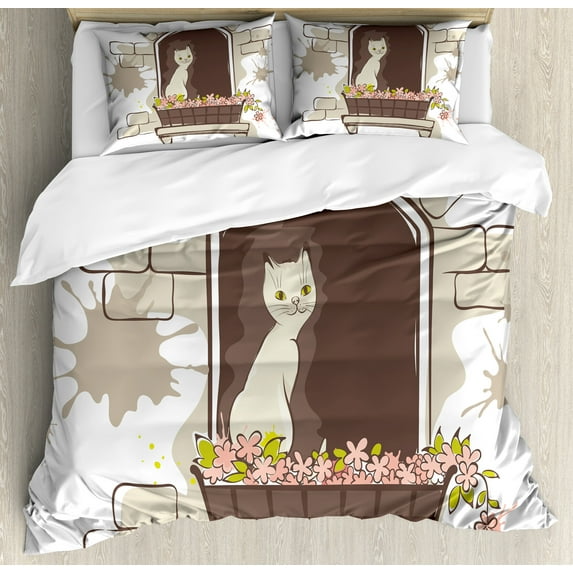 Ambesonne Umber Duvet Cover Sets, Cartoon Pet Cat Animal, 2-King, Umber Black and White