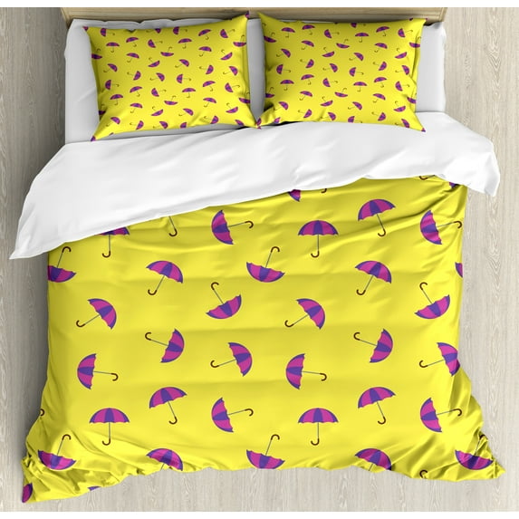Ambesonne Umbrella Duvet Cover Sets, Rain Accessory Pattern, 2-King, Yellow and Violet