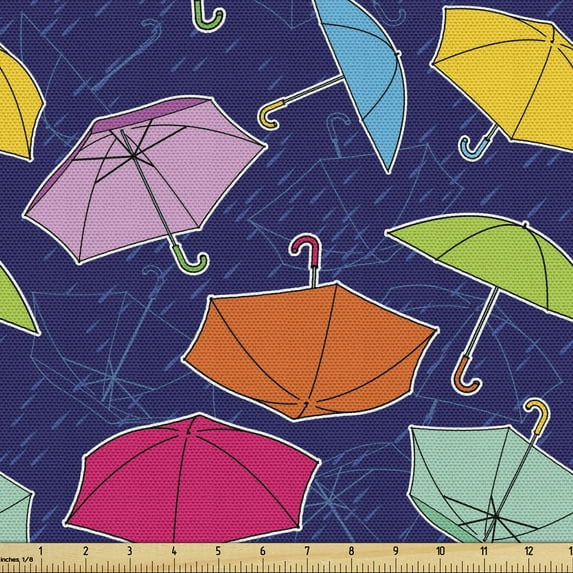 Ambesonne Umbrella Fabric by the Yard Upholstery, Rainy Weather Accessories, 10 Yards, Navy Blue Multicolor
