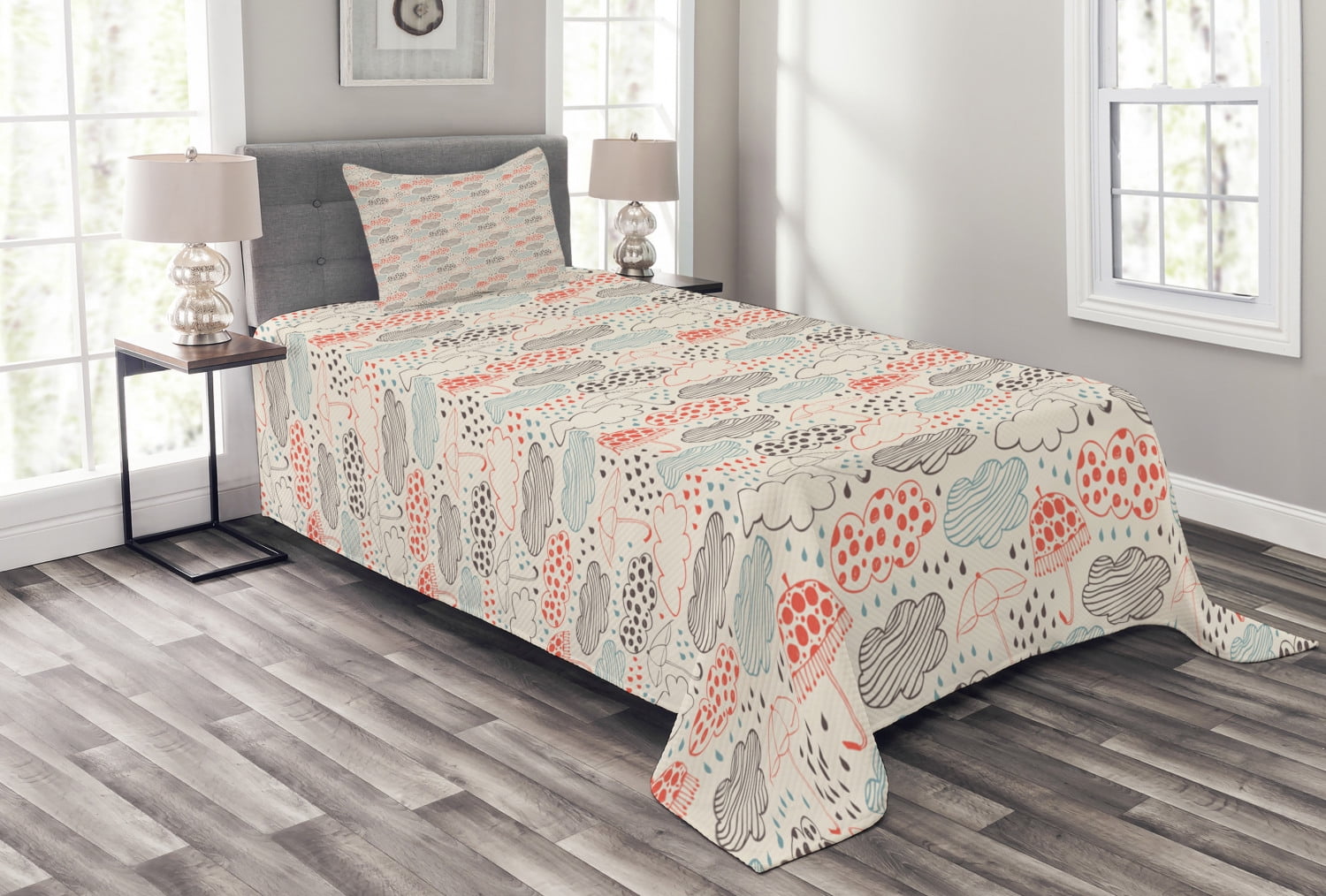 White and Multicolor Quilted Twin Bedspread Set with Pillow Sham
