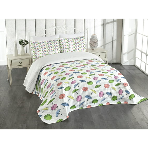 Ambesonne Umbrella Quilted Bedspread Set 3 Pcs, Cartoon Colorful, King Size, Multicolor