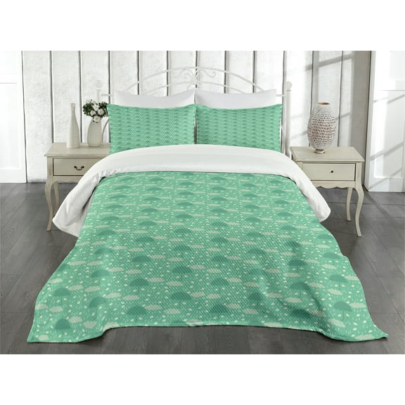 Ambesonne Umbrella Quilted Bedspread Set 3 Pcs, Wet Weather in Green, King Size, Pale Green Sea Green