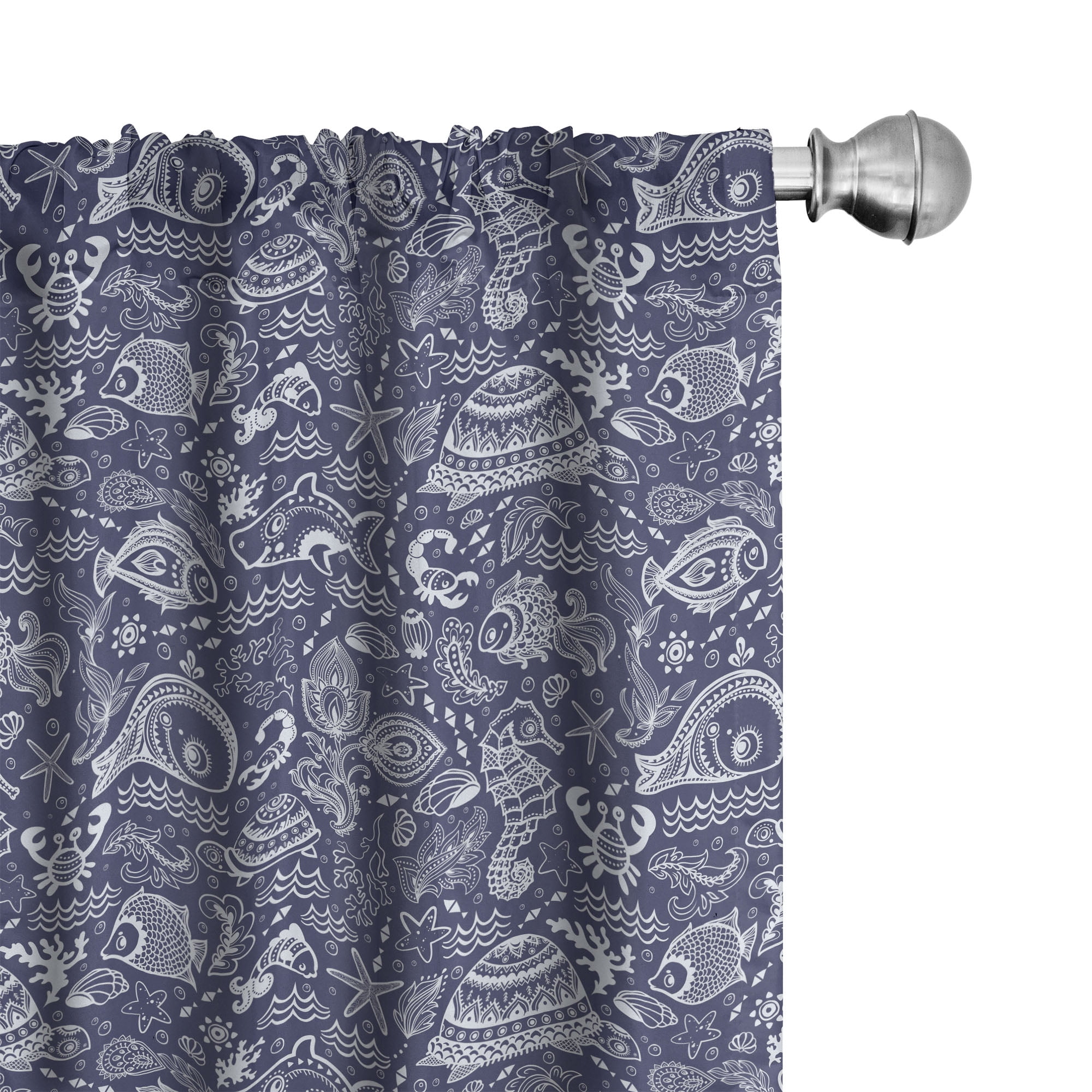 Navy Blue and White Under the Sea Polyester Curtain Panels