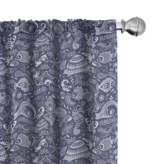 Ambesonne Under the Sea Curtains, Shells and Plants, Pair of 28"x84", Navy Blue White