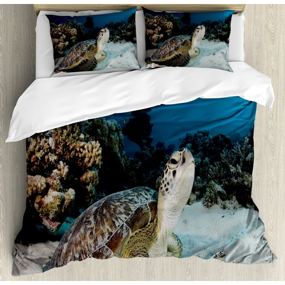 Ambesonne Under the Sea Duvet Cover Set, Turtle Coral Reef, 2-Calking, Brown Coconut Aqua