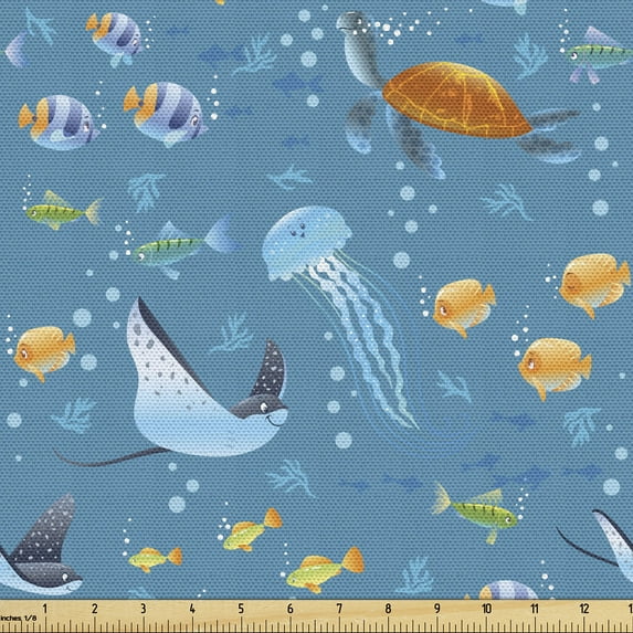 Ambesonne Under the Sea Fabric by the Yard Upholstery, Cartoon Style Sea, 1 Yard, Sea Blue and Multicolor