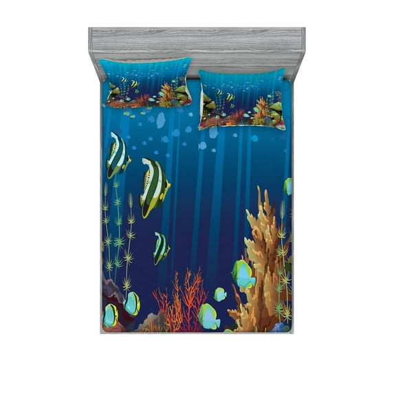 Ambesonne Under the Sea Fitted Sheet & Pillow Sham Set, Coral Reef Fishes, Full, Multicolor