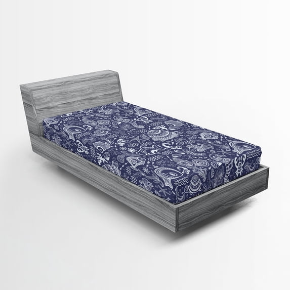 Ambesonne Under the Sea Fitted Sheet, Shells and Plants, Twin Size, Navy Blue White
