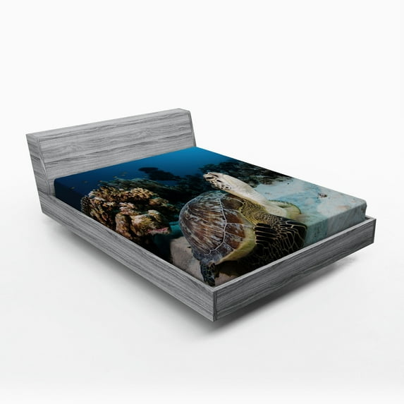 Ambesonne Under the Sea Fitted Sheet, Turtle Coral Reef, Queen Size, Brown Coconut Aqua
