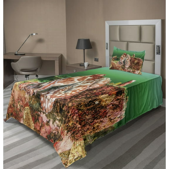 Ambesonne Under the Sea Fitted & Top Sheet Set with Sham, Octopus in Water, Green Brown Red