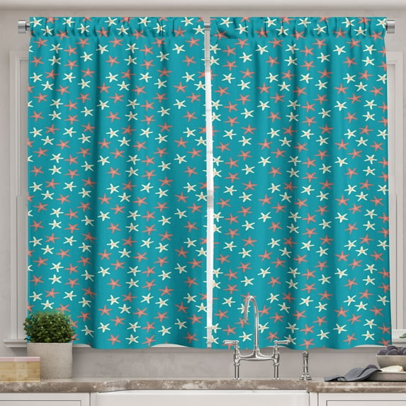 Ambesonne Under the Sea Kitchen Curtains, Nautical Wildlife, 55"x45", Coral Ivory and Teal