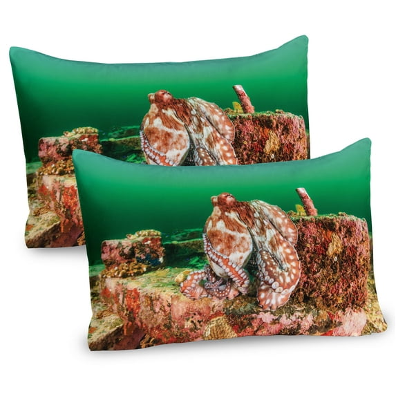 Ambesonne Under the Sea Pillow Sham 2 Pack, Octopus in Water, 36"x20", Green Brown Red
