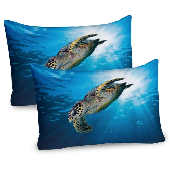 Ambesonne Under the Sea Pillow Sham 2 Pack, Sea Turtle Diving, 30"x20", Yellow Brown Blue