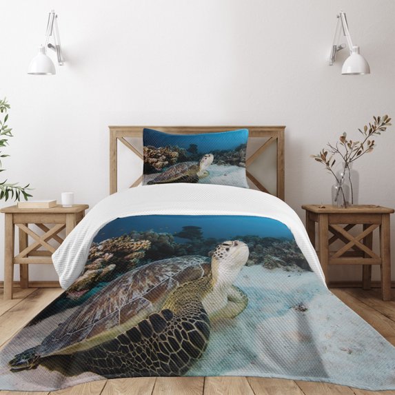 Ambesonne Under the Sea Quilted Bedspread Set 2 Pcs, Turtle Coral Reef, Twin Size, Brown Coconut Aqua