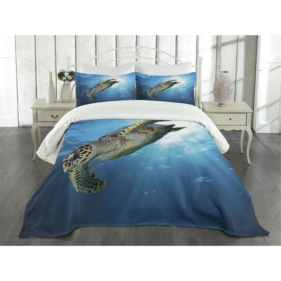 Ambesonne Under the Sea Quilted Bedspread Set 3 Pcs, Sea Turtle Diving, Queen Size, Yellow Brown Blue