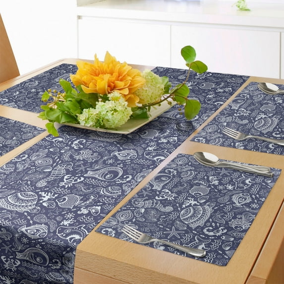 Ambesonne Under the Sea Table Runner & Placemats, Shells and Plants, Placemat 4 pcs + Runner 12"x72", Navy Blue White