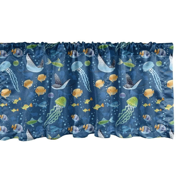 Ambesonne Under the Sea Window Valance, Fish Turtle Nautical, 54" X 12", Dark Sky Blue Multicolor