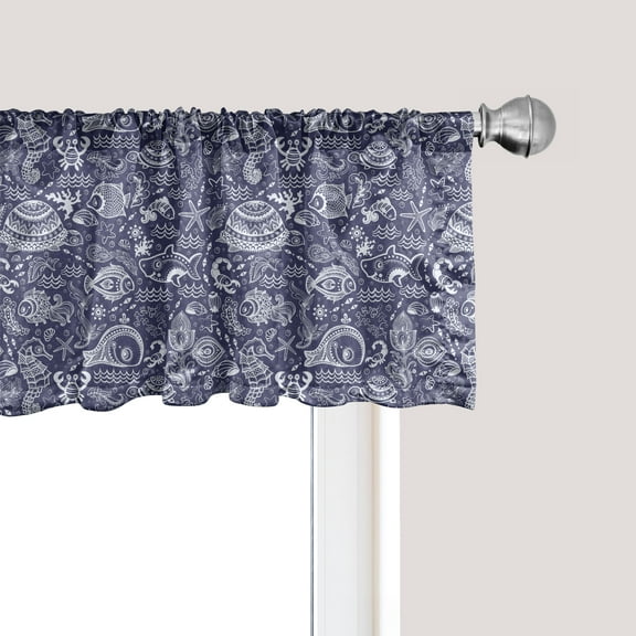 Ambesonne Under the Sea Window Valance, Shells and Plants, 42" x 18", Navy Blue White
