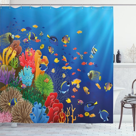 Ambesonne Undersea Shower Curtain, Colorful Fishes and Corals, 69"Wx84"L, Deep Sky Blue Salmon