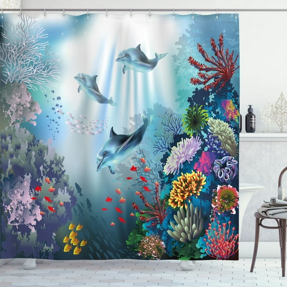 Ambesonne Undersea Shower Curtain, Happy Dolphins and Corals, 69"Wx70"L, Blue Grey Dark Rust