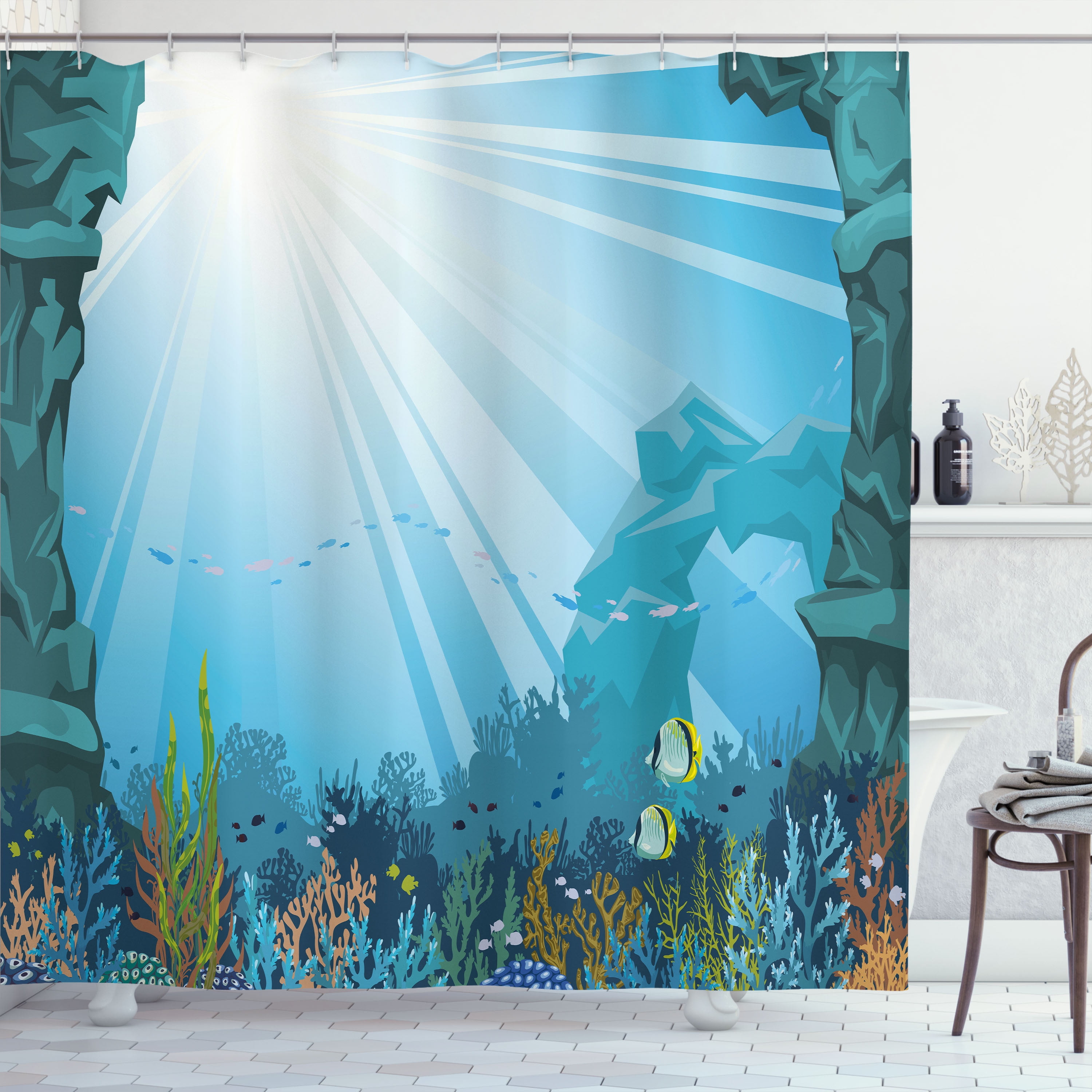 Ambesonne Undersea Shower Curtain, Nautical Concept Drawing, 69"Wx75"L