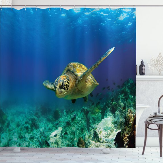 Ambesonne Undersea Shower Curtain, Swimming Turtle Corals, 69"Wx70"L, Sea Blue and Teal