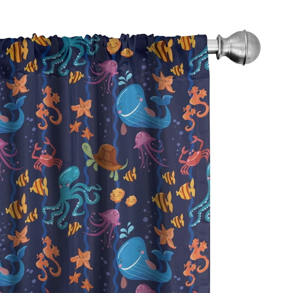 Ambesonne Underwater Window Curtains, Cartoon Sea Ocean Animal, Each 28" W x 84" L, Navy Blue and Multicolor