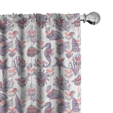 Ambesonne Underwater 4-Panel Curtains, Coral Seahorse Shell, 56"x63", Mauve and Pastel Pink