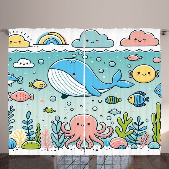 Ambesonne Underwater Curtains 2 Panel Set, Happy Marine Life Pastel, 108" x 108", Seafoam Coral Blue