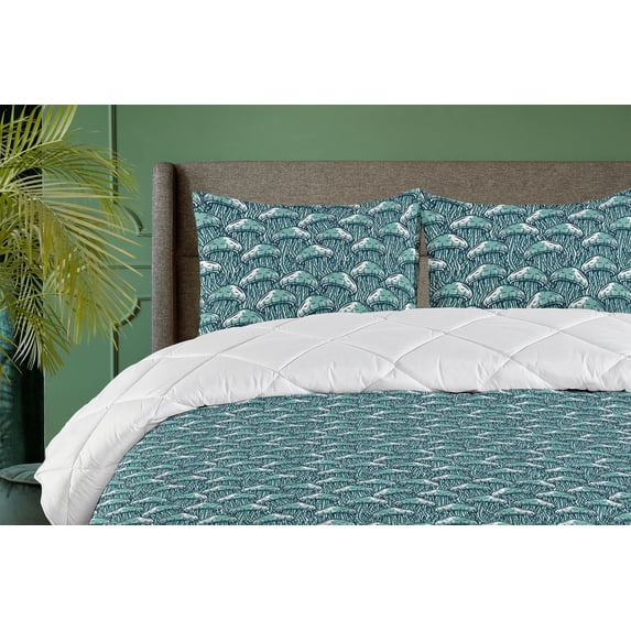 Ambesonne Underwater Down Alternative Quilt Comforter, Nautical Jellyfish Art, Twin, Almond Green and White