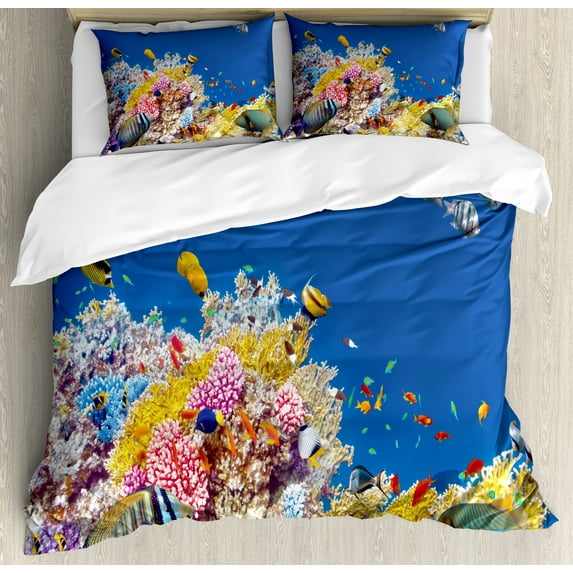Ambesonne Underwater Duvet Cover Set, Tropical Corals Fish, Calking, Blue Yellow