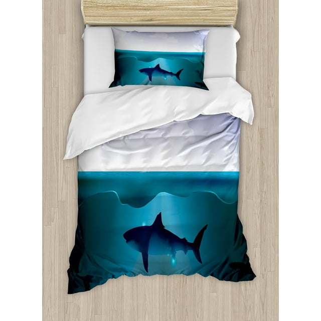 Ambesonne Underwater Duvet Cover Set, Wild Sharks in Sea, Twin, Violet Petrol Blue