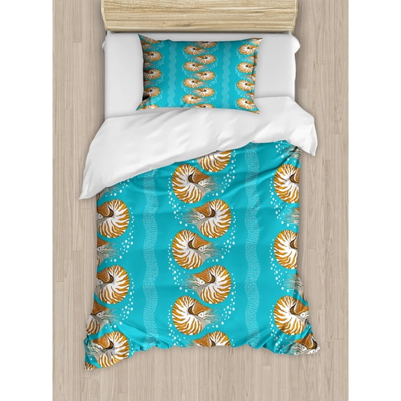 Ambesonne Underwater Duvet Cover Sets, Exotic Nautilus Image, 2-Twin, Sea Blue Ginger and White