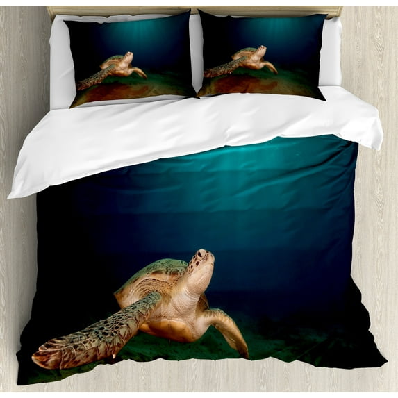 Ambesonne Underwater Duvet Cover Sets, Green Turtle Sunbeam, 2-Queen, Pale Brown Dark Blue