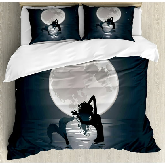 Ambesonne Underwater Duvet Cover Sets, Mermaids at Night, 2-King, Black Grey