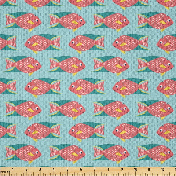 Ambesonne Underwater Fabric by the Yard Microfiber, Funny Exotic Fishes Swim, 1 Yard, Pale Ruby and Pale Blue