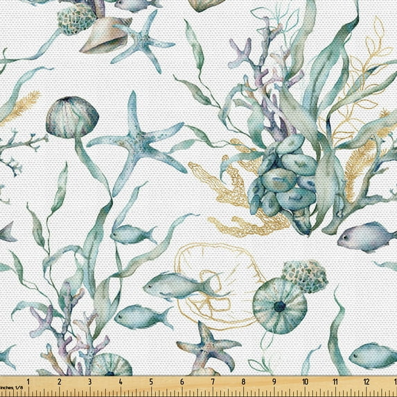Ambesonne Underwater Fabric by the Yard Upholstery, Art Under the Sea Marine, 2 Yards, Pale Teal White Mustard