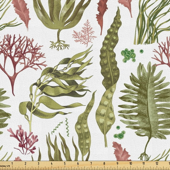 Ambesonne Underwater Fabric by the Yard Upholstery, Corals Nautical Leaves, 1 Yard, Olive Green Pale Maroon
