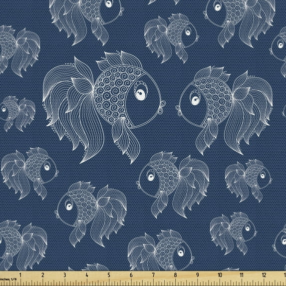Ambesonne Underwater Fabric by the Yard Upholstery, Fishes Swimming in Sea, 1 Yard, Night Blue and White
