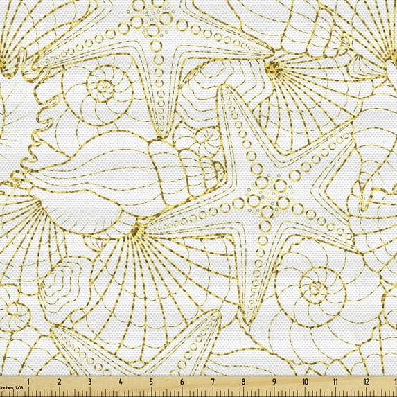 Ambesonne Underwater Fabric by the Yard Upholstery, Golden Yellow Tone Shell, 3 Yards, Pale Coffee White