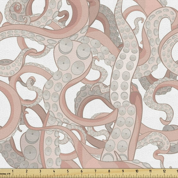 Ambesonne Underwater Fabric by the Yard Upholstery, Octopus Tentacles Ocean, 3 Yards, Pale Salmon Coral