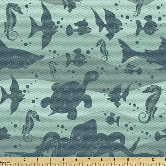 Ambesonne Underwater Fabric by the Yard Upholstery, Sea Life Creatures, 1 Yard, Sage Green Slate Blue