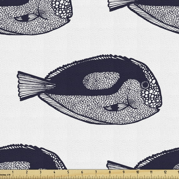 Ambesonne Underwater Fabric by the Yard Upholstery, Surgeonfish Pattern Art, 2 Yards, Indigo White