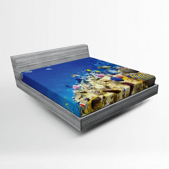 Ambesonne Underwater Fitted Sheet, Caribbean Seascape, Full Size, Blue Beige