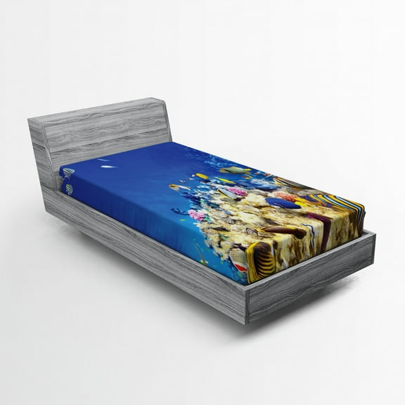 Ambesonne Underwater Fitted Sheet, Caribbean Seascape, Twin Size, Blue Beige