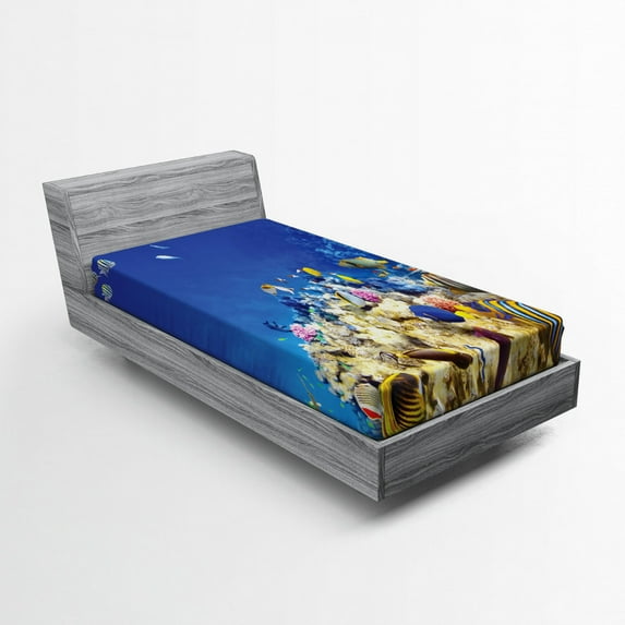Ambesonne Underwater Fitted Sheet, Caribbean Seascape, Twin Size, Blue Beige