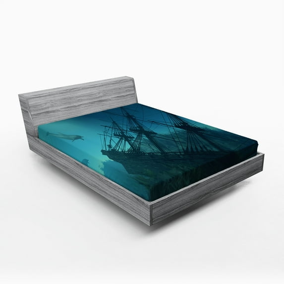 Ambesonne Underwater Fitted Sheet, Dolphins Ship Sea, Queen Size, Slate Blue Pale Blue