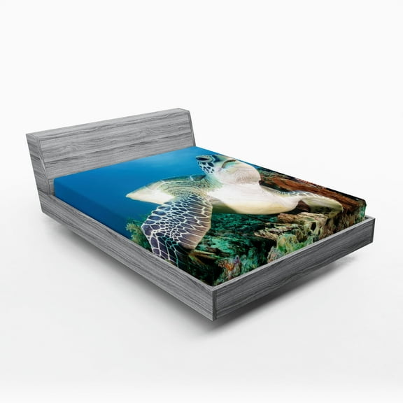 Ambesonne Underwater Fitted Sheet, Green Turtle Coral, Full Size, Blue Green White