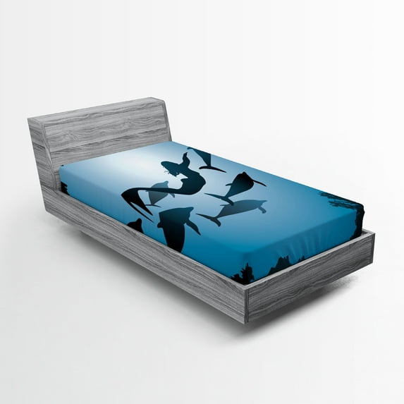 Ambesonne Underwater Fitted Sheet, Mermaid and Dolphins, Twin XL Size, Blue Black Petrol Blue