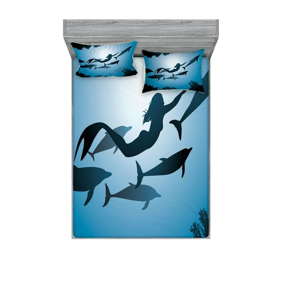 Ambesonne Underwater Fitted Sheet & Pillow Sham Set, Mermaid and Dolphins, Queen, Blue Black Petrol Blue